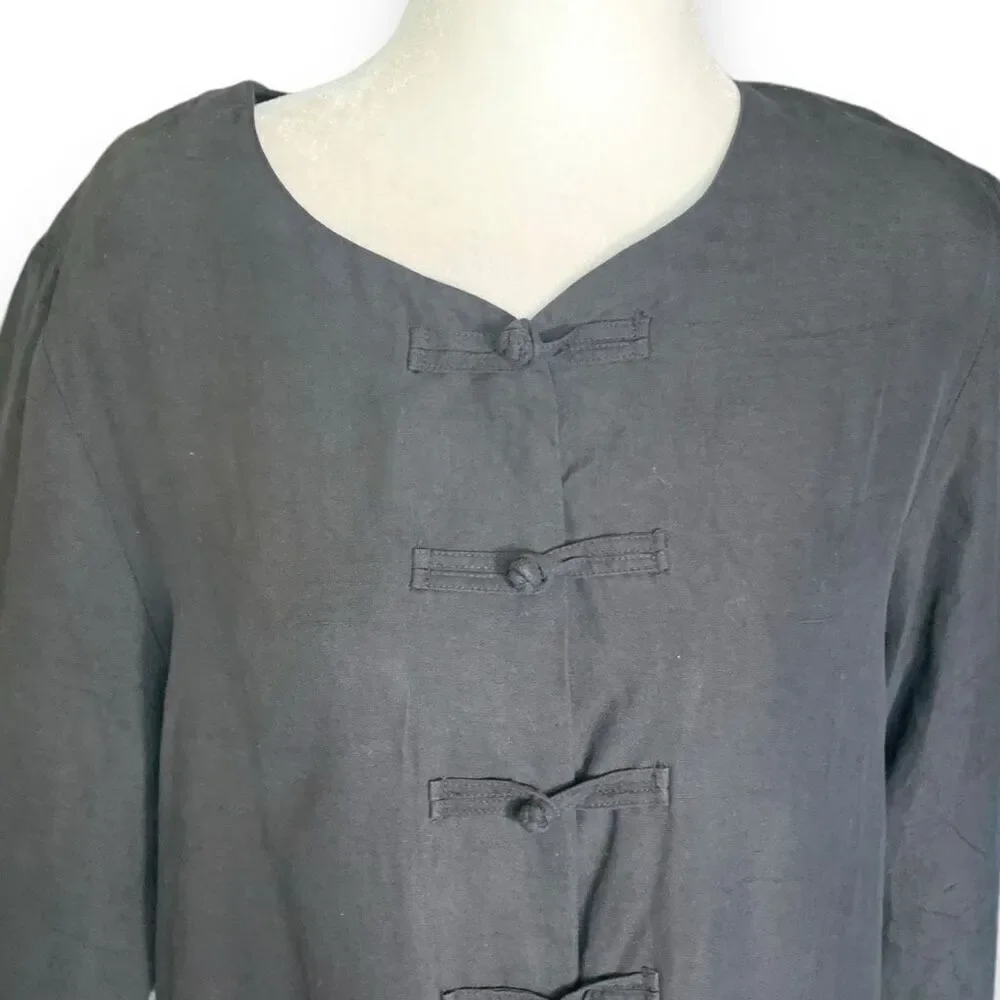 Vintage Anne Larsson Oversized Black Silk Top Long Sleeve Knot Buttons Asian